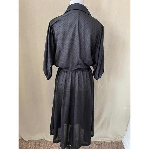 Vintage Black Sheer Embossed Polka Dot Pleated Half Button Down Tie Waist Dress - Picture 6 of 12
